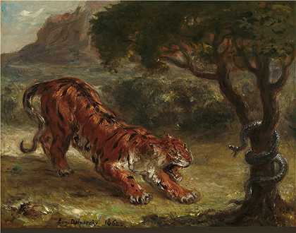 欧仁·德拉克鲁瓦（Eugène Delacroix）-老虎和蛇.油画