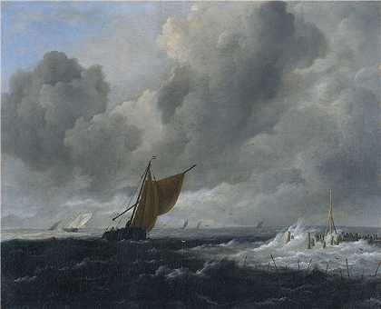 雅各布·伊萨克斯（Jacob Isaacksz）-波涛汹涌的大海，与帆船 1668年绘画