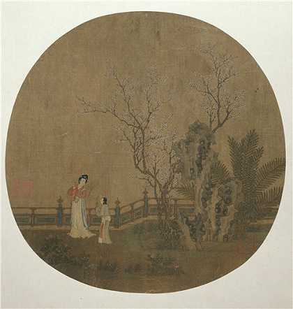 中国元或明初(在宫殿的花园里的女仆人的女人)1375–1500年作品