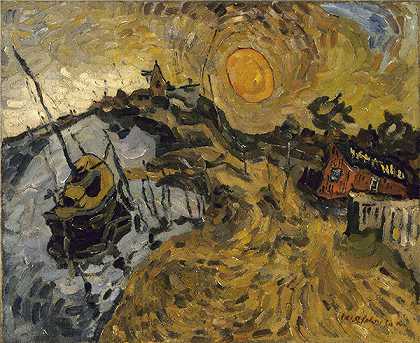 威廉·约翰逊（William H.Johnson），太阳落山，丹麦 1930年绘画