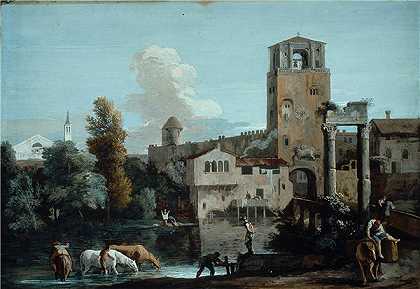 马可·里奇（Marco Ricci）-人，马在城墙外的河里 1720年意大利