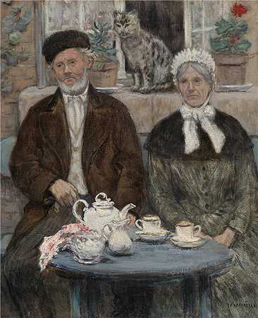 让·弗朗索瓦·拉法埃利（Jean-FrançoisRafaëlli）-下午茶 1880年法国油画