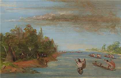 乔治·卡特林（George Catlin），萨克和福克斯（Sac and Fox）在独木舟中航行， 1837-1839年绘画