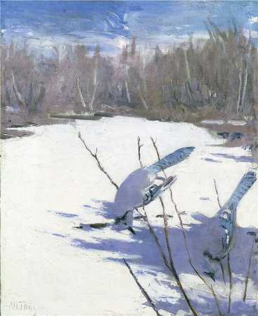雅培·汉德森·塞耶（Abbott Handerson Thayer）-(冬季蓝鸟) 1905-1909年绘画