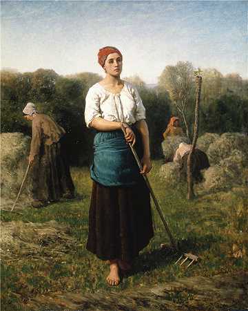 法国画家朱尔斯·布雷顿（Jules Breton）-拿耙子的女孩油画