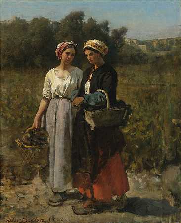 法国画家朱尔斯·布雷顿（Jules Breton）-两个采摘葡萄的年轻女子油画