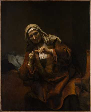伦勃朗风格（Rembrandt）-剪指甲的老妇人油画