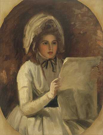 乔治·罗姆尼（George Romney）-汉密尔顿夫人扮演“瑟琳娜”读报纸，1782年绘画 英国