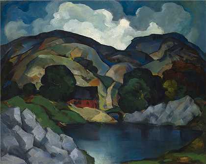 E. Oscar Thalinger，美国，1885–1965年-河流景观与房子油画