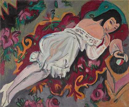 恩斯特·路德维希·基希纳(Ernst Ludwig Kirchner)，德国人，1880–1938 年-穿白色衬裙的女孩油画