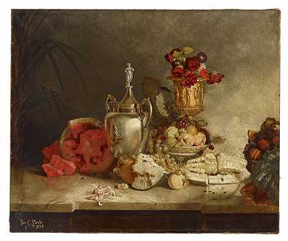 西奥多·克莱门特·斯蒂尔（Theodore Clement Steele，美国，1847-1926 年）-水果和瓮的静物油画