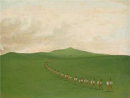 乔治·卡特林 (George Catlin)-(上密苏里州三月的徒步战争派对)油画 美国