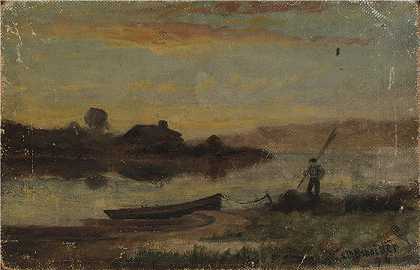 爱德华·米切尔·班尼斯特 (Edward Mitchell Bannister)-(船停泊在岸边)油画 美国