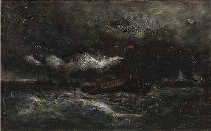 爱德华·米切尔·班尼斯特 (Edward Mitchell Bannister)-(风暴中的船)油画 美国