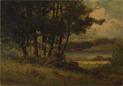 爱德华·米切尔·班尼斯特 (Edward Mitchell Bannister)-(河边奶牛吃草的风景)油画 美国