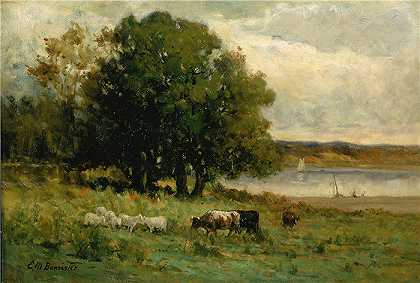 爱德华·米切尔·班尼斯特 (Edward Mitchell Bannister)-(河边的牛和帆船)油画 美国