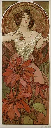 法国画家威廉·阿道夫·布格罗（William Adolphe Bouguereau)油画-阿尔丰斯·穆夏（Alphonse Mucha，捷克，1860-1939）-红宝石 (1900)作品