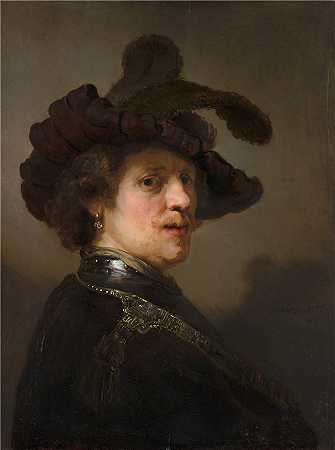 伦勃朗·范·瑞恩 (Rembrandt van Rijn，荷兰 ) 作品 – 戴羽毛贝雷帽的男人的“Tronie”（约 1635 – 1640）