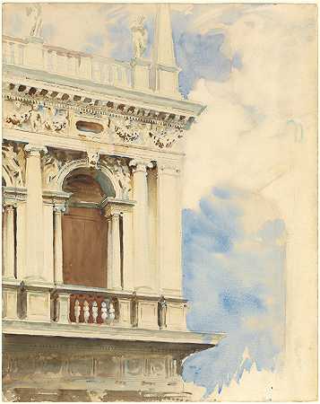约翰·辛格·萨金特 (John Singer Sargent，美国画家)作品-威尼斯图书馆的一角（1904-1907）