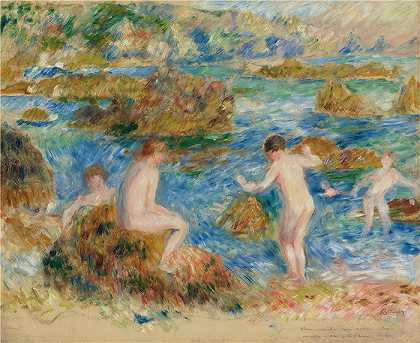 皮埃尔·奥古斯特·雷诺阿（Pierre-Auguste Renoir）-Garçons Nus Dans Les Rochers À Guernsey（格恩西的裸体男孩） (1883)