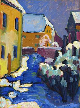 瓦西里·康定斯基（Wassily Kandinsky，俄罗斯画家）作品-科切尔的墓地和教区长 (1909)