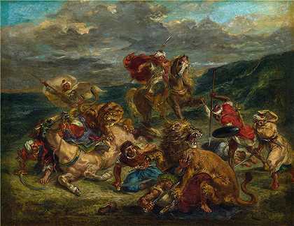 欧仁·德拉克鲁瓦（Eugene Delacroix，法国画家）作品 – 猎狮 (1860)