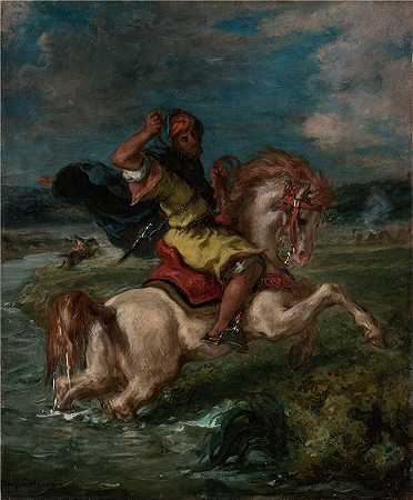 欧仁·德拉克鲁瓦（Eugene Delacroix，法国画家）作品 – 穿越福特的摩洛哥骑士（1850 年）