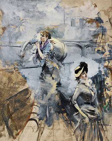 乔瓦尼·博尔迪尼 (Giovanni Boldini，意大利画家)–洗衣妇和年轻的黑发，巴黎塞纳河边