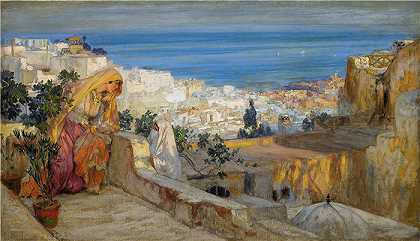 弗雷德里克·阿瑟·布里奇曼（Frederic Arthur Bridgman，美国画家）作品–屋顶上的阿拉伯妇女，超越阿尔及尔