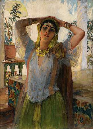弗雷德里克·阿瑟·布里奇曼（Frederic Arthur Bridgman，美国画家）作品–露台上的年轻东方女人（1880 年代）