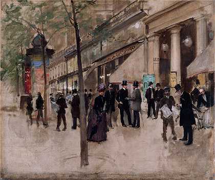 让·贝罗 (Jean Béraud，法国画家) 作品–蒙马特大道，下午（1885年）在综艺剧院前