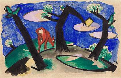弗朗茨·马克(Franz Marc，德国画家)作品–有红色动物的风景（1913）
