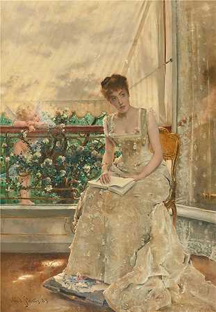 阿尔弗雷德·史蒂文斯（Alfred Stevens，比利时画家）作品-(女人与爱)（1885年）