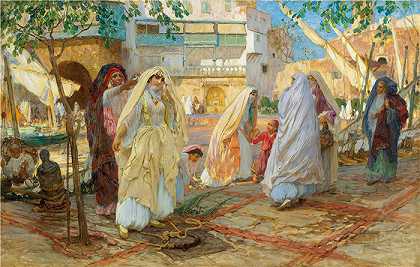 弗雷德里克·阿瑟·布里奇曼（Frederic Arthur Bridgman，美国画家）作品–派对结束后；-阿尔及尔港（1901年）