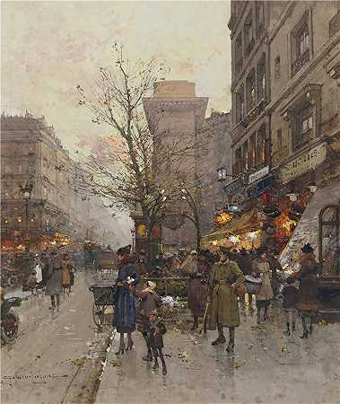 尤金·加利安-拉卢（Eugène Galien-Laloue，法国画家）作品–巴黎圣丹尼斯门