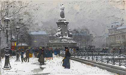 尤金·加利安-拉卢（Eugène Galien-Laloue，法国画家）作品–共和广场（Neige）