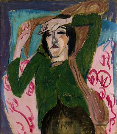 恩斯特·路德维希·基希纳（Ernst Ludwig Kirchner，德国画家）作品-穿绿夹克的女人 (1913)