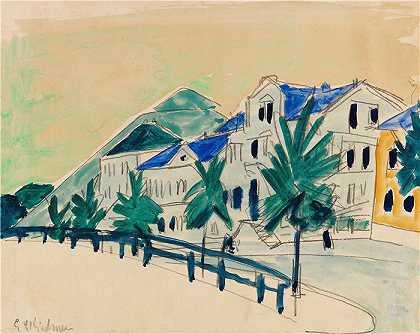 恩斯特·路德维希·基希纳（Ernst Ludwig Kirchner，德国画家）作品-带小巷的房屋（1910年）
