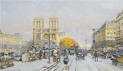 尤金·加利安-拉卢（Eugène Galien-Laloue，法国画家）作品–巴黎圣母院 (1)
