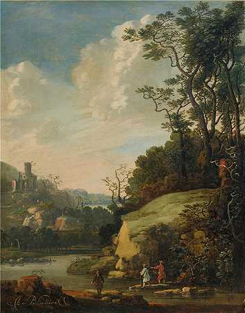 亚伯拉罕·布洛马特（Abraham Bloemaert，荷兰画家）作品-丘陵景观与河边人物
