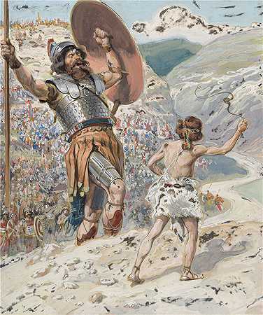 詹姆斯·天梭（James Tissot，法国画家）作品-大卫扔石头 (c. 1896-1902)