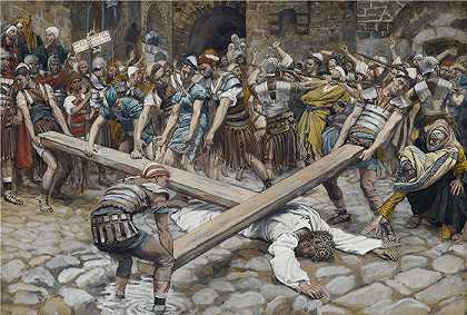 詹姆斯·天梭（James Tissot，法国画家）作品-昔兰尼人西门被迫与耶稣一起背十字架（1886-1894）