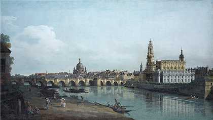 卡纳莱托 （Canaletto，意大利画家）作品-从易北河右岸看到的德累斯顿，位于奥古斯桥下方