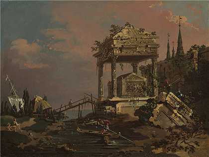 卡纳莱托 （Canaletto，意大利画家）作品-泻湖旁的坟墓想象图（1740 年代初期）