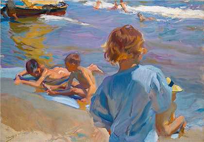 华金·索罗拉（Joaquin Sorolla，西班牙画家）作品-海滩上的孩子，瓦伦西亚