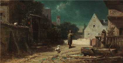 卡尔·斯皮茨韦格（Carl Spitzweg，德国画家）作品-月光下的守夜人，狗和猫（约 1870 年）