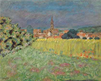 皮埃尔·邦纳德（Pierre Bonnard，法国画家）作品-教堂前的麦田（约 1907 年）