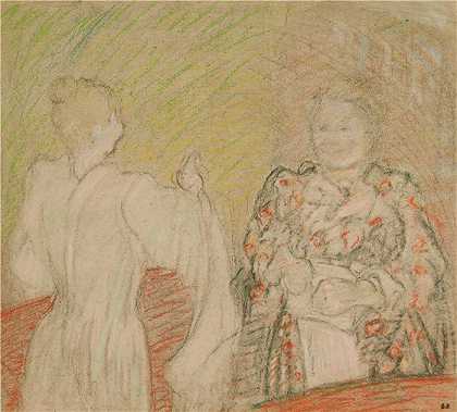 爱德华·维亚尔(Édouard Vuillard，法国画家)作品-维亚尔夫人与小女孩交谈 (1893)