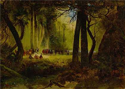 托马斯·莫兰 (Thomas Moran，美国画家)作品-印第安人接待多米尼克·德·古尔盖 (Dominique de Gourgues)（1877 年）