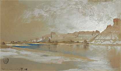 托马斯·莫兰 (Thomas Moran，美国画家)作品-怀俄明领地渡轮上的绿河（1889 年）